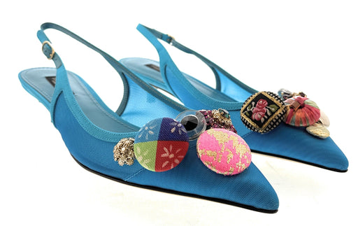 Dolce & Gabbana Blue Slingback Heels– Turquoise  Mixed Jewel Appliqués-38.5