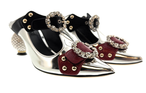 Dolce & Gabbana Metallic Silver Heels with Crystal Buckles & Pearl Embellished Heels-37